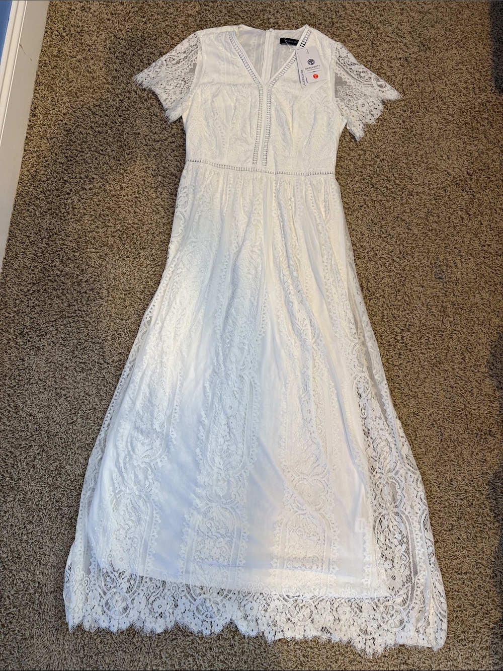 Merokeety White Lace Maxi Dress Short Sleeves Women's Dress Bridal Large NWT NEW